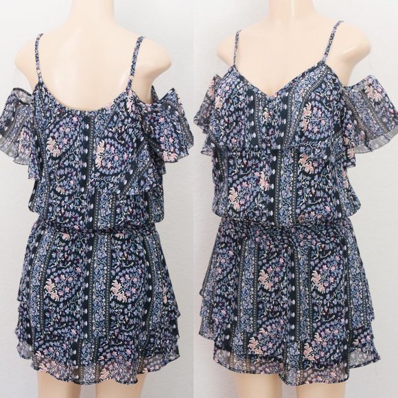 PAIGE 100% Silk Olympia Dark Ink Blue/Bouquet Tiered Ruffle Mini Dress M $298 - Picture 5 of 16
